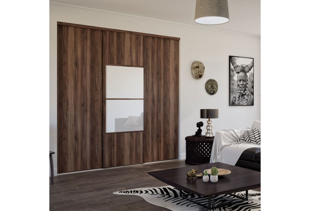 Façade de placard coulissante 3 portes Bamako noyer des andes et verre laqué - Kazed : Confort'Mat