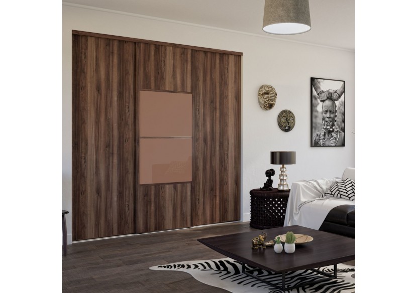 Façade de placard coulissante 3 portes Bamako noyer des andes et verre laqué - Kazed : Confort'Mat