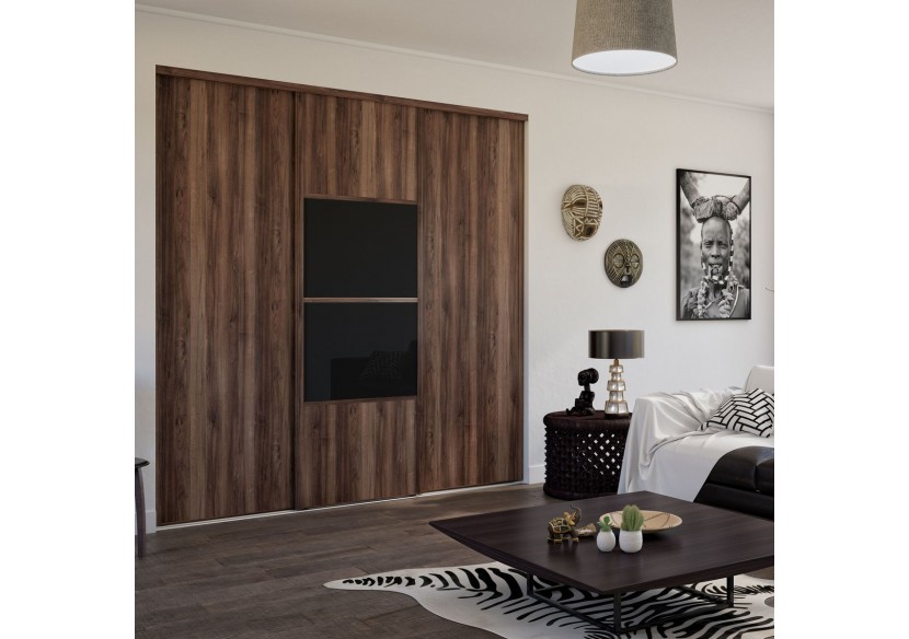 Façade de placard coulissante 3 portes Bamako noyer des andes et verre laqué - Kazed : Confort'Mat