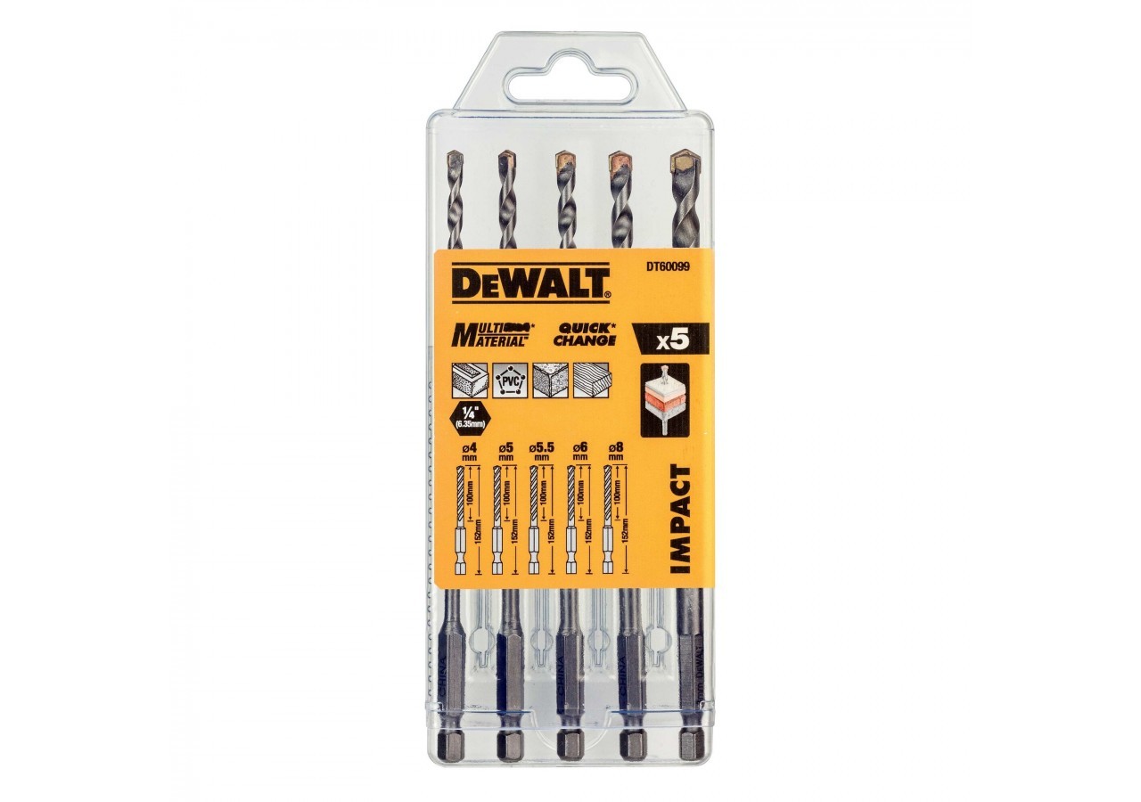 Coffret de 5 forets multi-materiaux impact diam : 4,5,5.5,6,8mm - DT60099-QZ - Dewalt