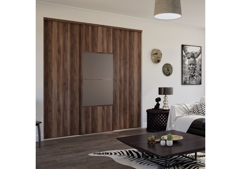 Façade de placard coulissante 3 portes Bamako noyer des andes et mélaminé - Kazed : Confort'Mat