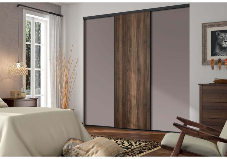 Façade de placard coulissante 3 portes Djibouti noyer des andes et mélaminé moka - Kazed : Confort'Mat