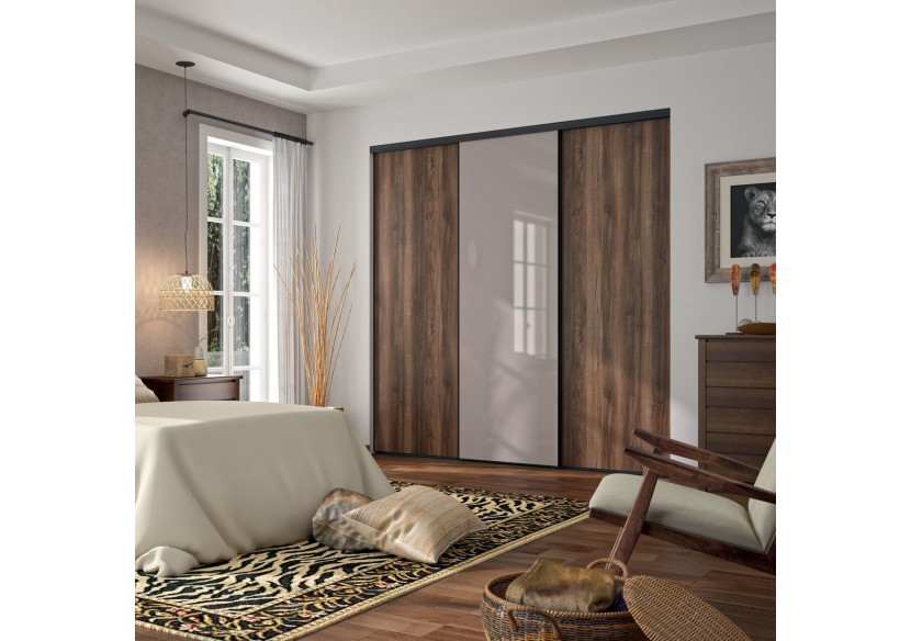 Façade de placard coulissante 3 portes Djibouti noyer des andes et verre laqué - Kazed : Confort'Mat