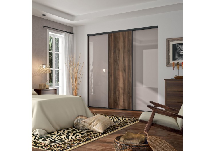 Façade de placard coulissante 3 portes Djibouti noyer des andes et verre laqué - Kazed : Confort'Mat 2
