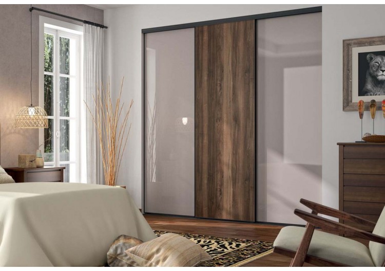 Façade de placard coulissante 3 portes Djibouti noyer des andes et verre laqué - Kazed : Confort'Mat