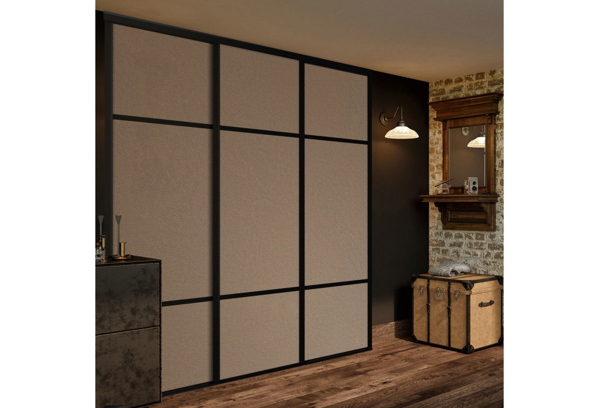 Façade de placard coulissante 3 portes Balzac en effet cuir vintage - Kazed : Confort'Mat