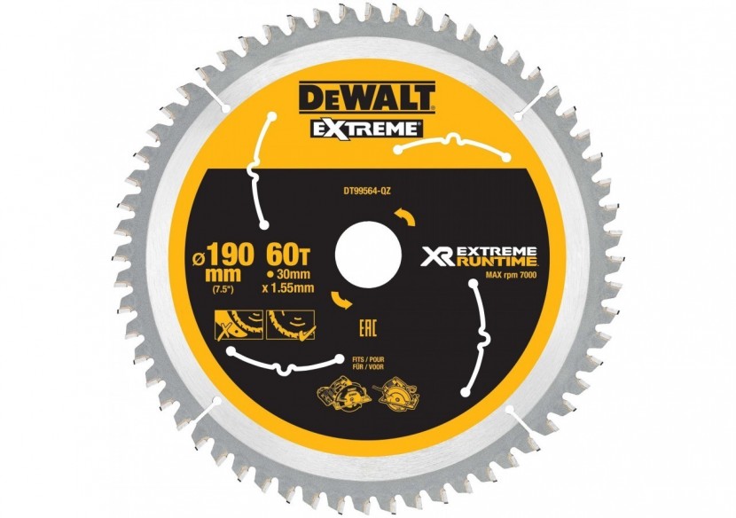 Lame de scie circulaire sans fil XR Runtime, 190x30mm, 60 dents - DT99564-QZ - Dewalt Lame de scie circulaire sans fil XR Runtime, 190x30mm, 60 dents - DT99564-QZ - Dewalt