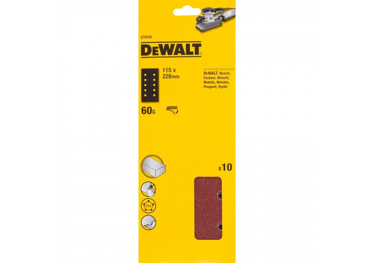 1/2 feuille abrasive pour ponceuses vibrantes velcro grain 60 - 10 perforations 115x228mm - DT8550-QZ - Dewalt
