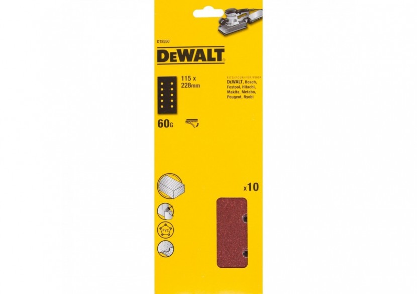 1/2 feuille abrasive pour ponceuses vibrantes velcro grain 60 - 10 perforations 115x228mm - DT8550-QZ - Dewalt 1/2 feuille abrasive pour ponceuses vibrantes velcro grain 60 - 10 perforations 115x228mm - DT8550-QZ - Dewalt