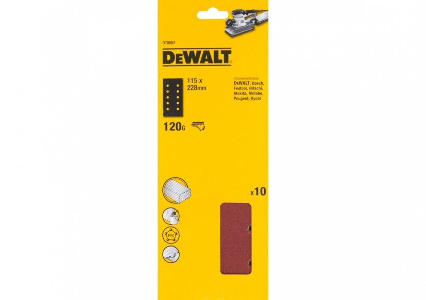 1/2 feuille abrasive pour ponceuses vibrantes velcro grain 120 - 10 perforations 115x228mm - DT8552-QZ - Dewalt 1/2 feuille abrasive pour ponceuses vibrantes velcro grain 120 - 10 perforations 115x228mm - DT8552-QZ - Dewalt