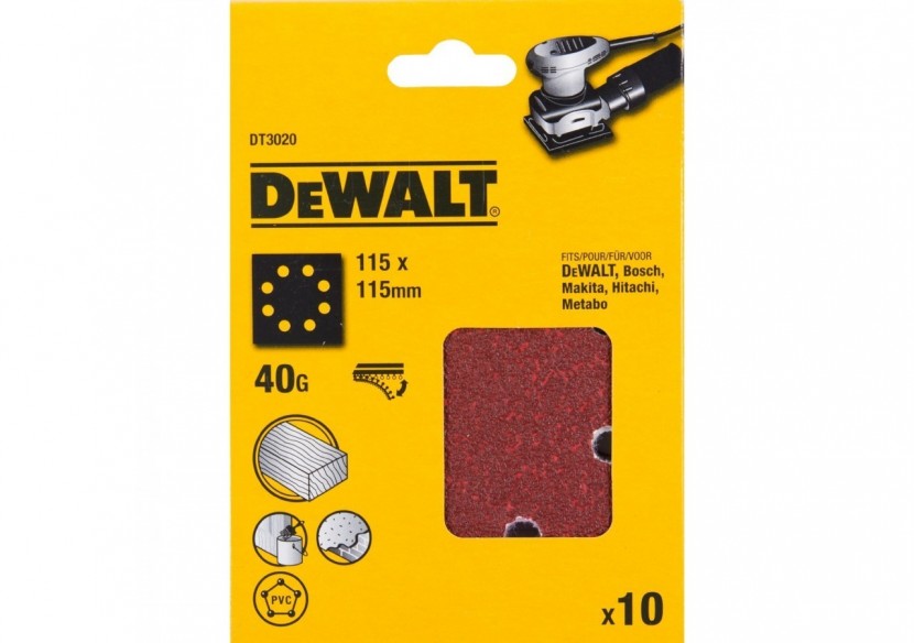 1/4 feuille abrasive pour ponceuses vibrantes grain 40 - 8 perforations 115x115mm - DT3020-QZ - Dewalt 1/4 feuille abrasive pour ponceuses vibrantes grain 40 - 8 perforations 115x115mm - DT3020-QZ - Dewalt