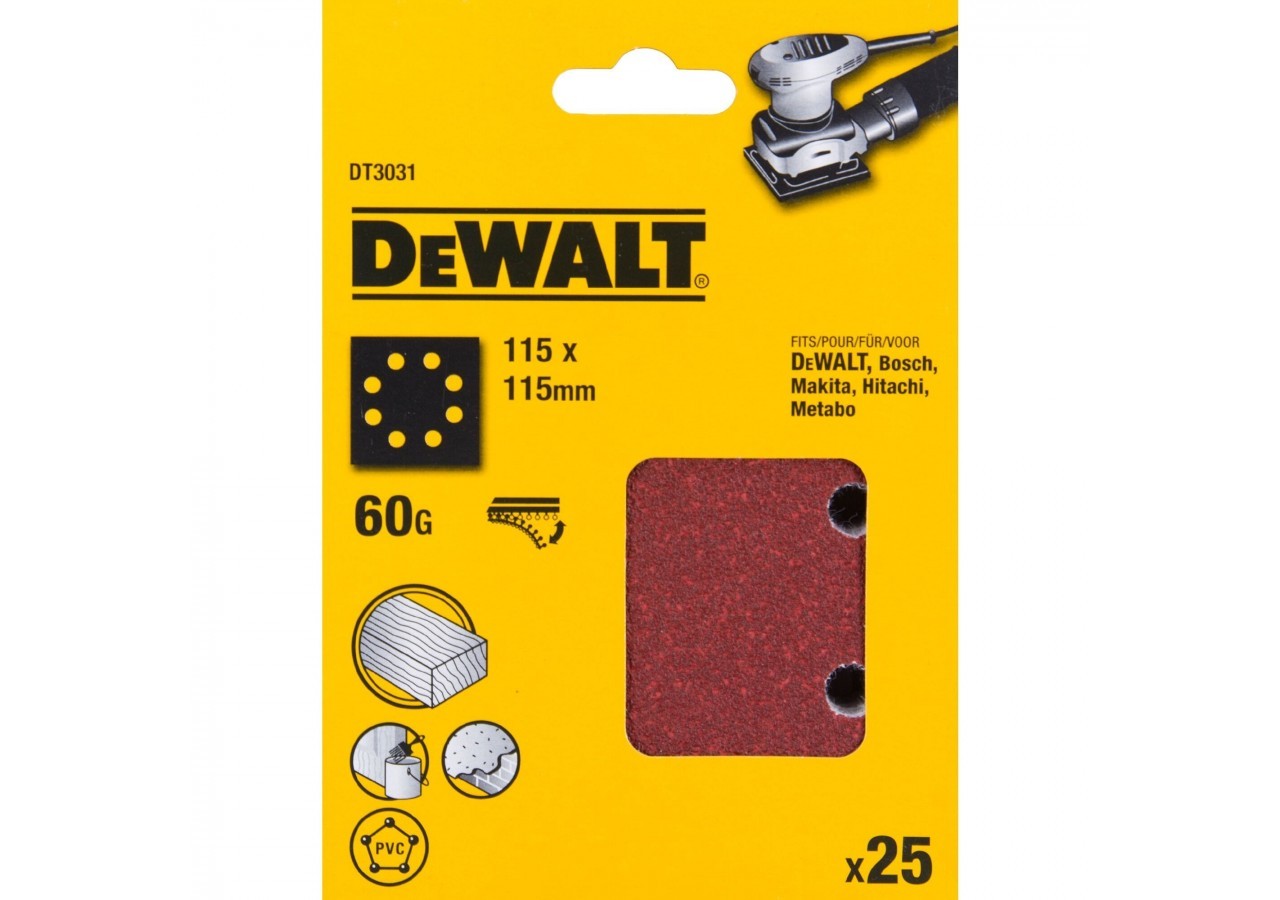 1/4 feuille abrasive pour ponceuses vibrantes grain 60 - 8 perforations 115x115mm - DT3031-QZ - Dewalt