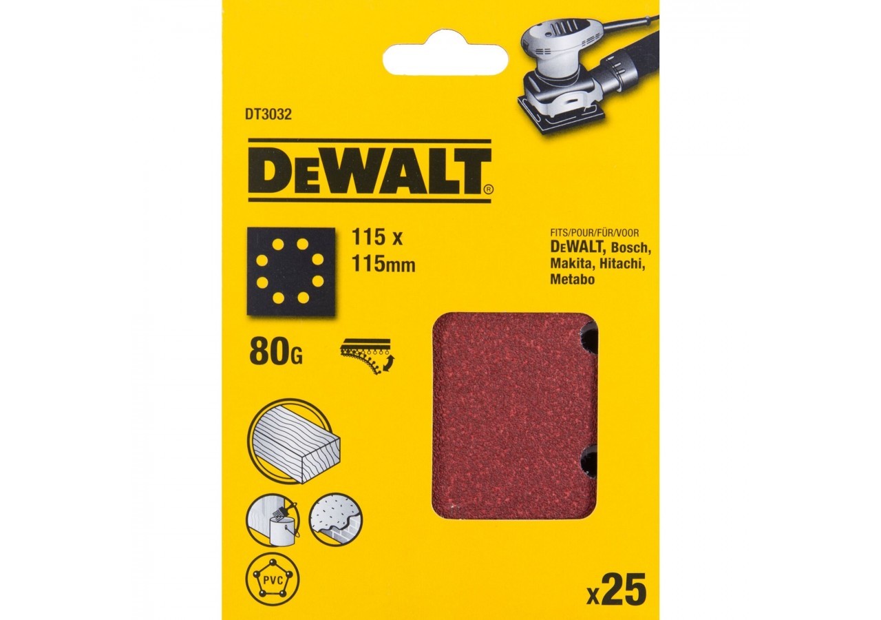 1/4 feuille abrasive pour ponceuses vibrantes grain 80 - 8 perforations 115x115mm - DT3032-QZ - Dewalt