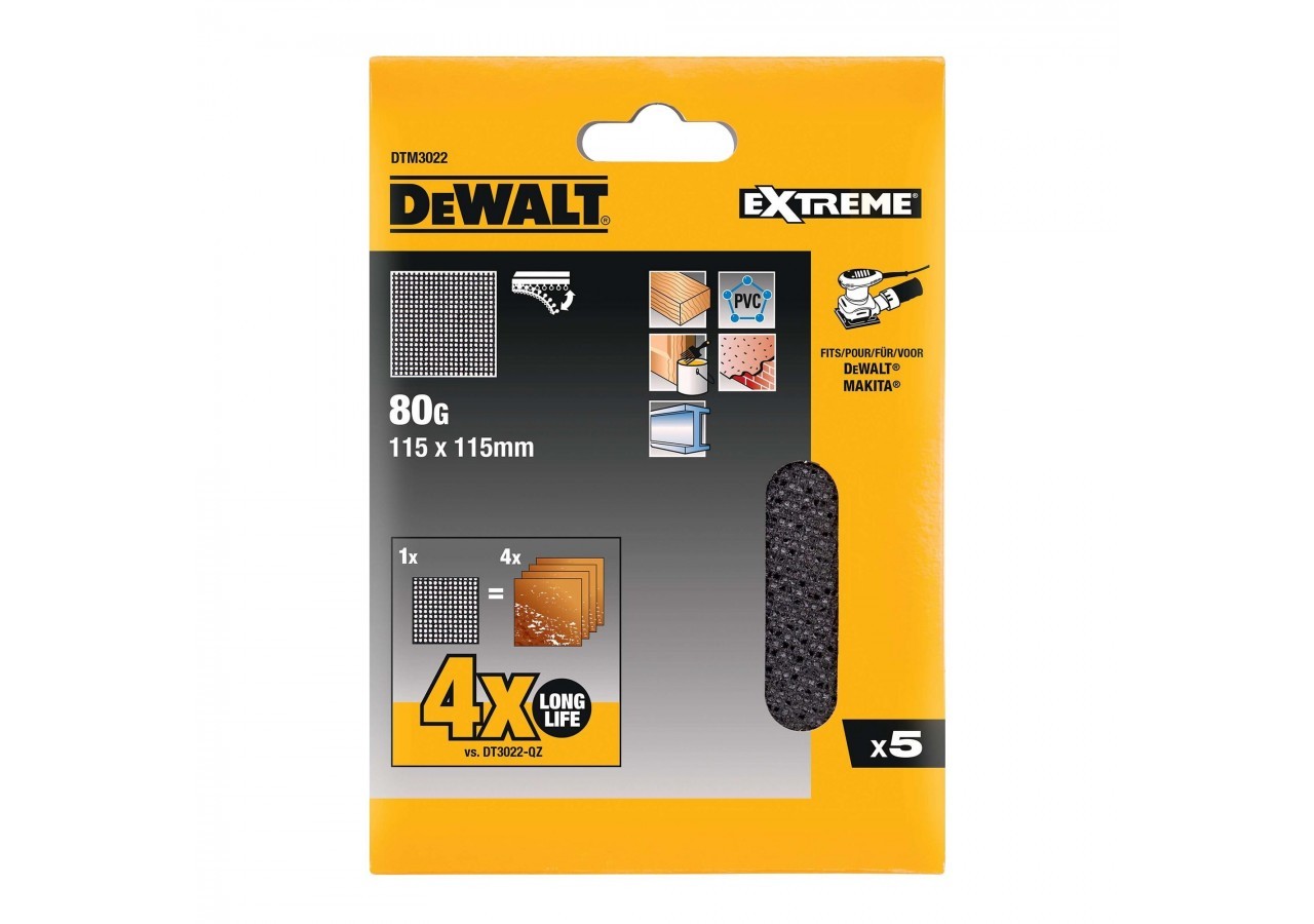 1/4 feuille abrasive velcro - structure en maille duree de vie extra longue x4 115x115mm grain 80 - DTM3022-QZ - Dewalt