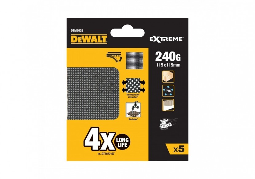 1/4 feuille abrasive velcro - structure en maille duree de vie extra longue x4 115x115mm grain 240 - DTM3025-QZ - Dewalt 1/4 feuille abrasive velcro - structure en maille duree de vie extra longue x4 115x115mm grain 240 - DTM3025-QZ - Dewalt