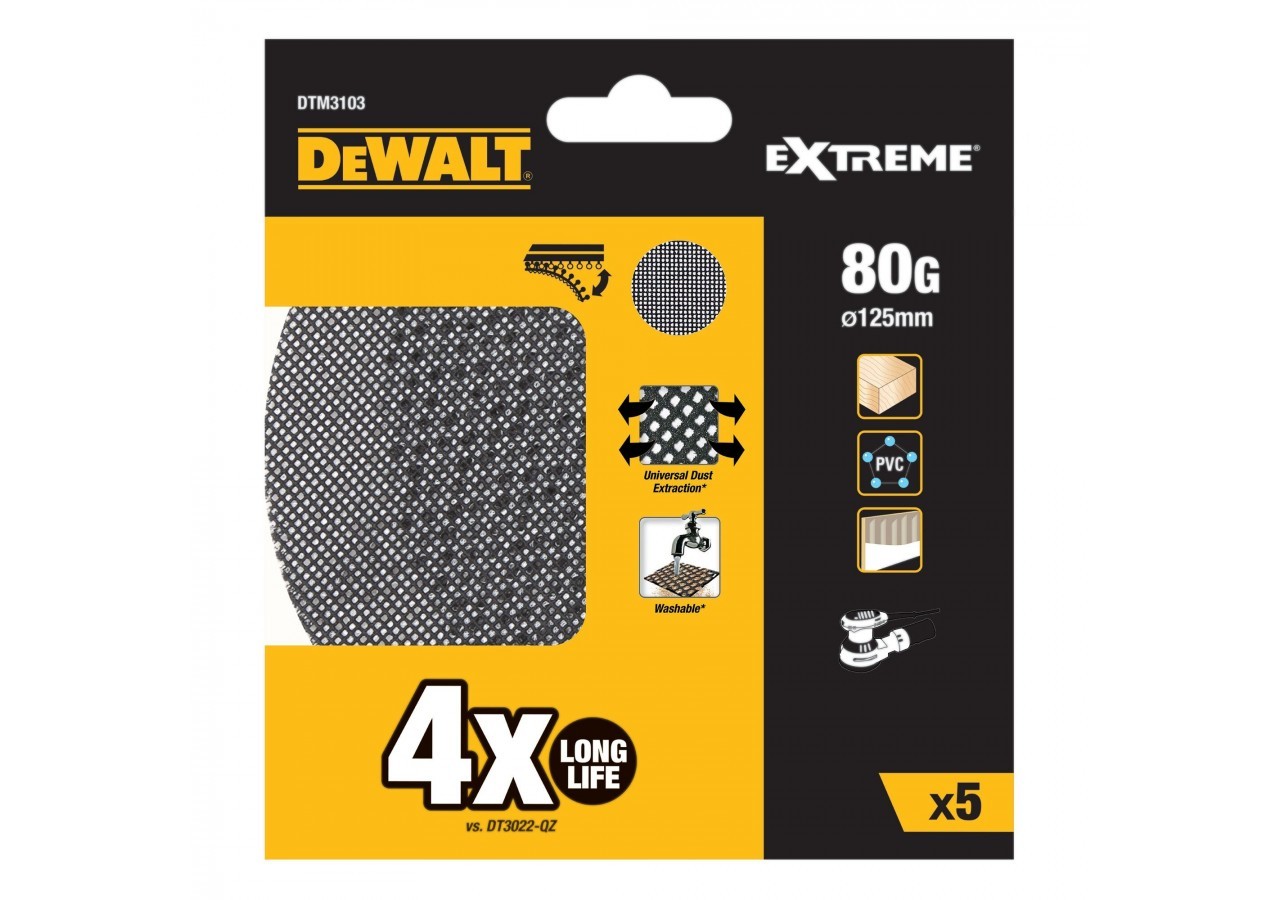 Disque abrasif velcro - structure en maille duree de vie extra longue x4 ø125mm grain 80 - DTM3103-QZ - Dewalt