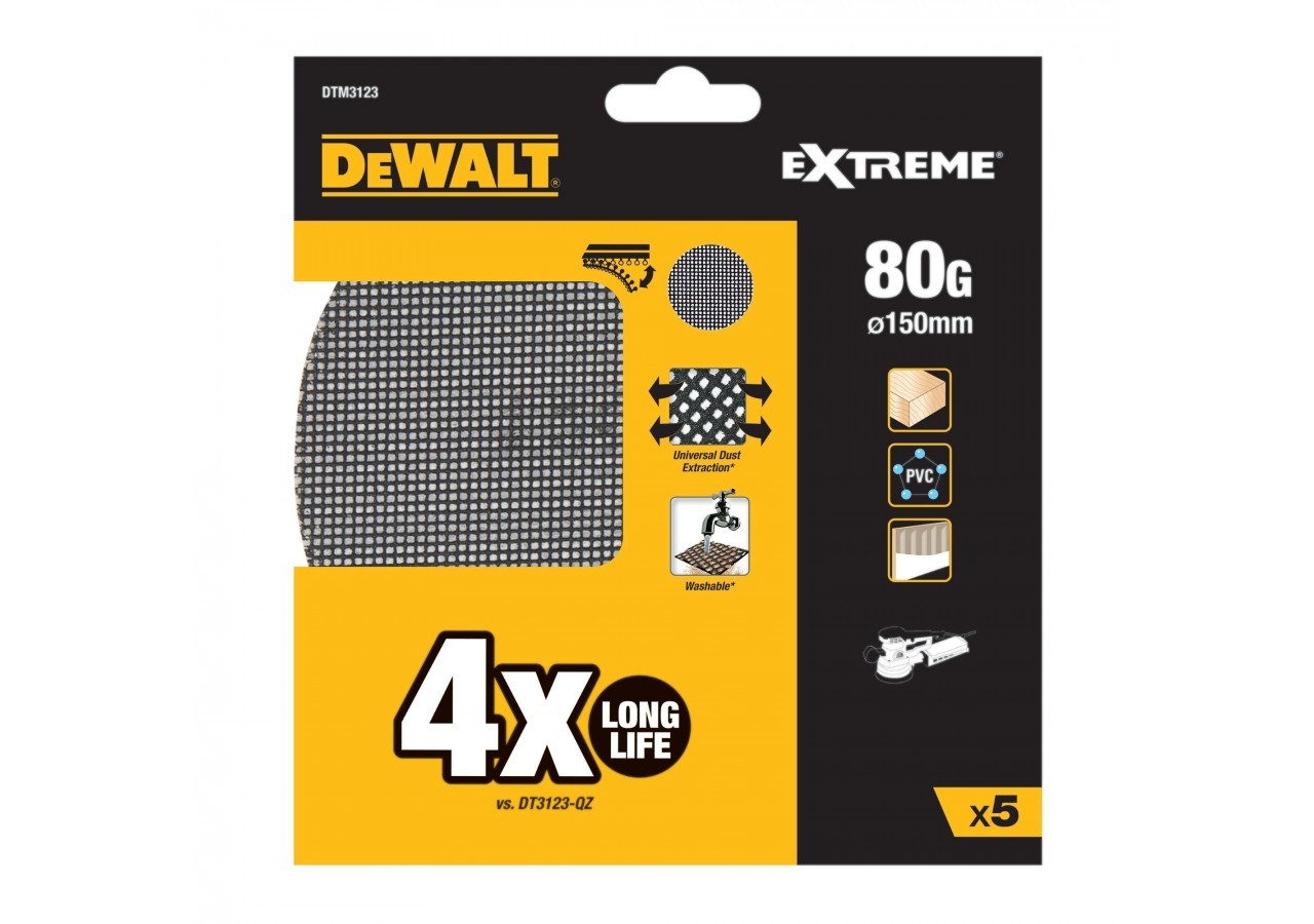 Disque abrasif velcro - structure en maille duree de vie extra longue x4 ø150mm grain 80 - DTM3123-QZ - Dewalt