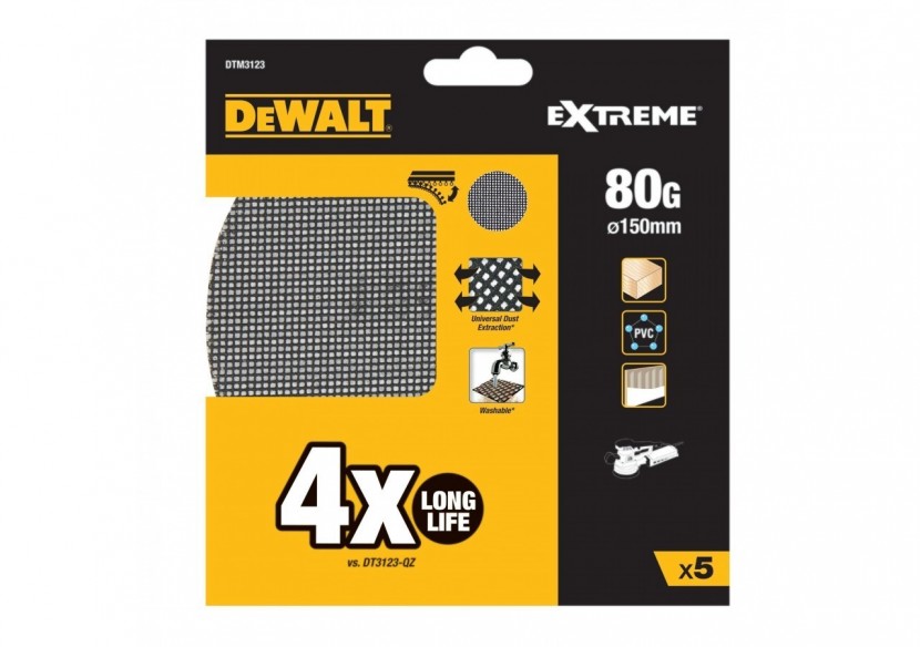 Disque abrasif velcro - structure en maille duree de vie extra longue x4 ø150mm grain 80 - DTM3123-QZ - Dewalt Disque abrasif velcro - structure en maille duree de vie extra longue x4 ø150mm grain 80 - DTM3123-QZ - Dewalt