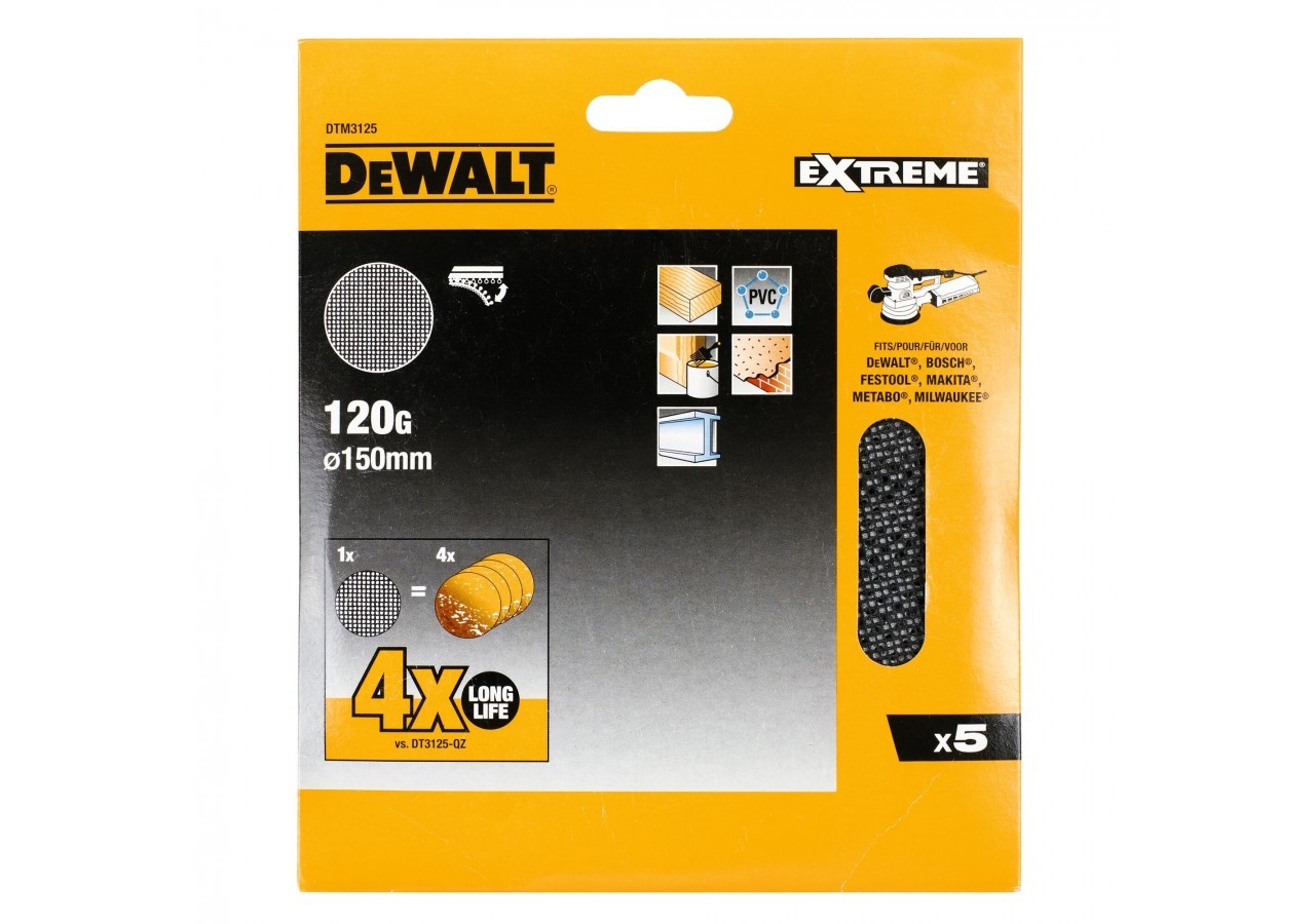Disque abrasif velcro - structure en maille duree de vie extra longue x4 ø150mm grain 120 - DTM3125-QZ - Dewalt
