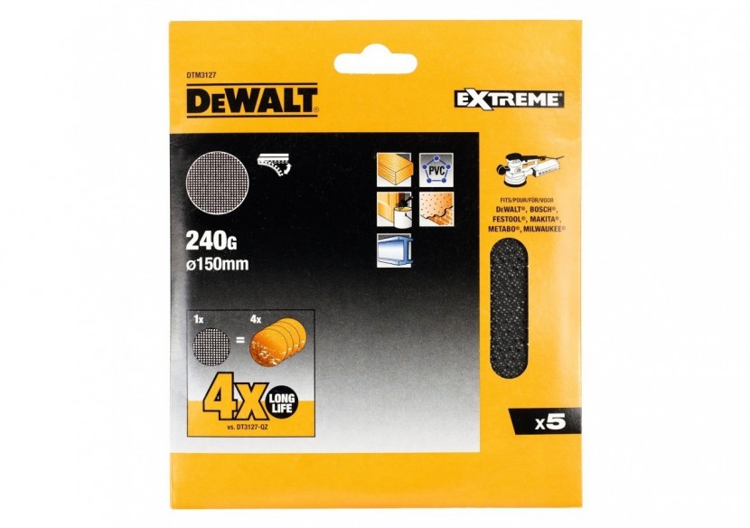 Disque abrasif velcro - structure en maille duree de vie extra longue x4 ø150mm grain 240 - DTM3127-QZ - Dewalt Disque abrasif velcro - structure en maille duree de vie extra longue x4 ø150mm grain 240 - DTM3127-QZ - Dewalt