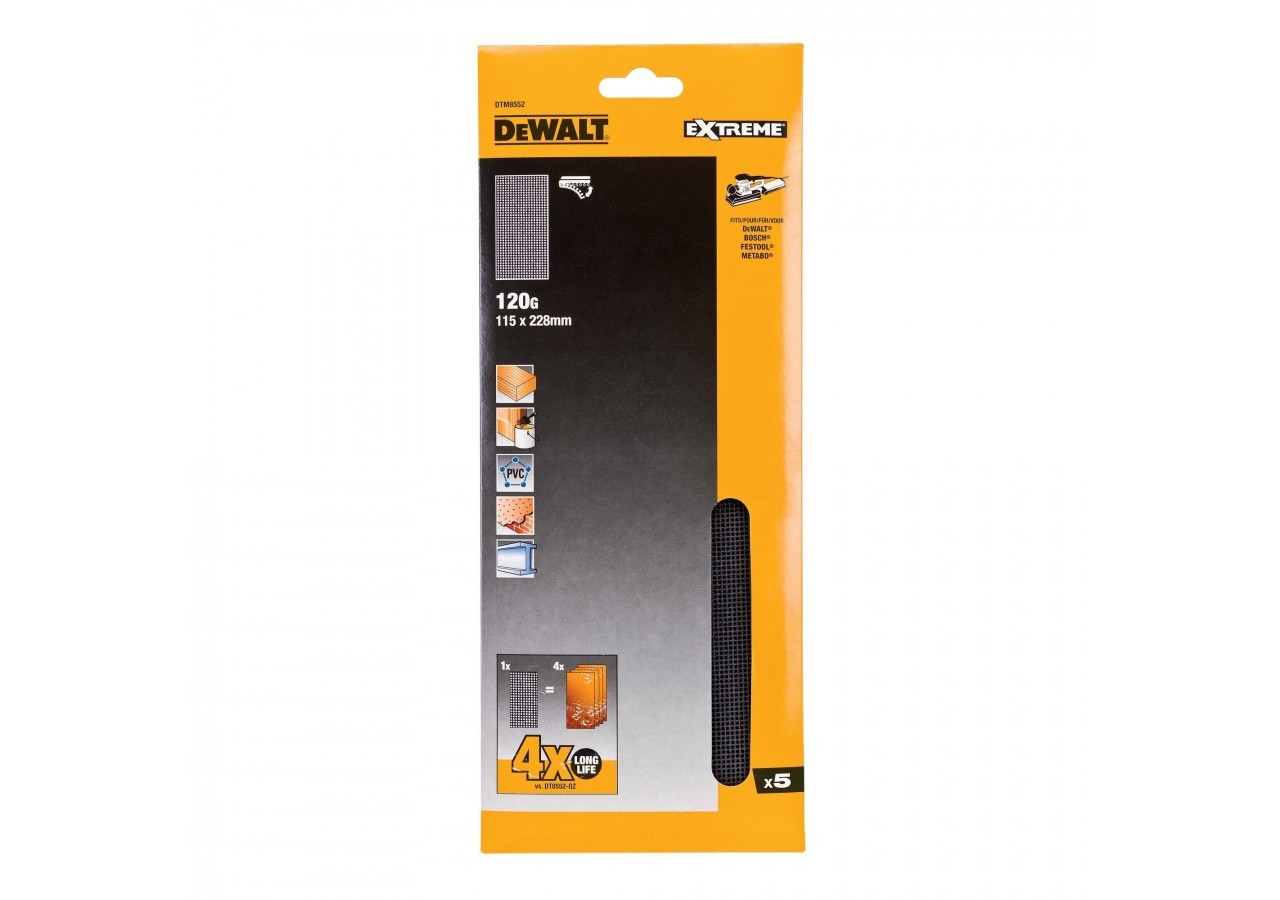 1/2 feuille abrasive velcro - structure en maille duree de vie extra longue x4 115x228mm grain 120 - DTM8552-QZ - Dewalt