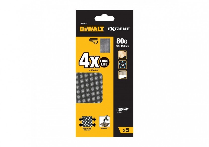 1/3 feuille abrasive velcro - structure en maille duree de vie extra longue x4 93x190mm grain 80 - DTM8621-QZ - Dewalt 1/3 feuille abrasive velcro - structure en maille duree de vie extra longue x4 93x190mm grain 80 - DTM8621-QZ - Dewalt