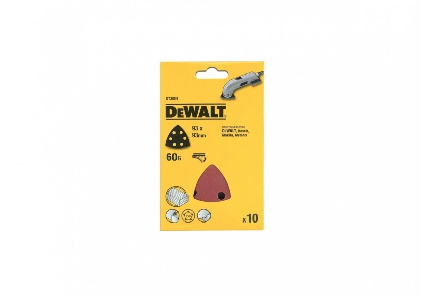 Abrasif velcro pour ponceuses delta velcro grain 60 - 6 perforations 93x93mm - DT3091-QZ - Dewalt Abrasif velcro pour ponceuses delta velcro grain 60 - 6 perforations 93x93mm - DT3091-QZ - Dewalt