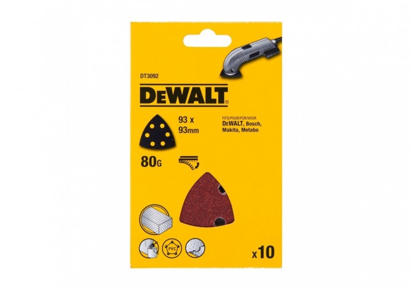 Abrasif velcro pour ponceuses delta velcro grain 80 - 6 perforations 93x93mm - DT3092-QZ - Dewalt Abrasif velcro pour ponceuses delta velcro grain 80 - 6 perforations 93x93mm - DT3092-QZ - Dewalt
