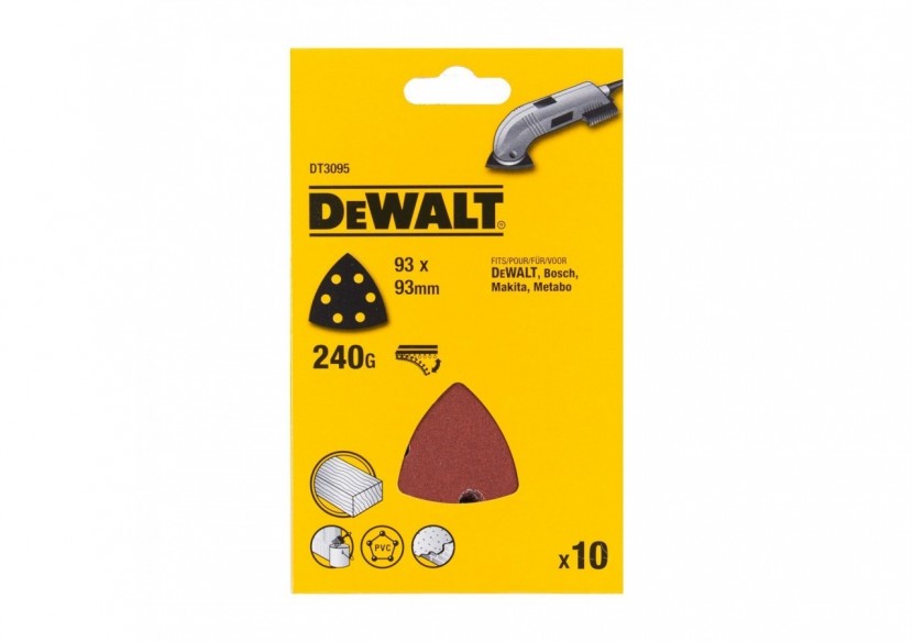 Abrasif velcro pour ponceuses delta velcro grain 240 - 6 perforations 93x93mm - DT3095-QZ - Dewalt Abrasif velcro pour ponceuses delta velcro grain 240 - 6 perforations 93x93mm - DT3095-QZ - Dewalt
