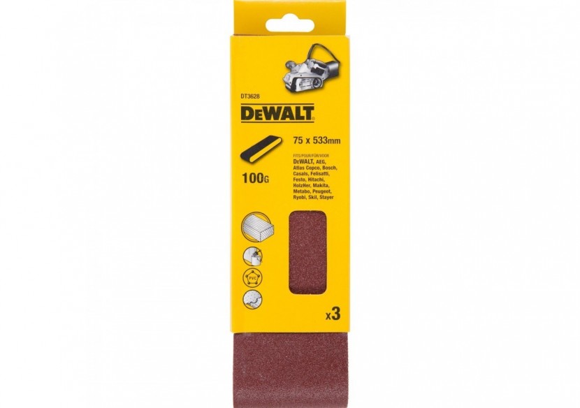 Abrasif pour ponceuses a bande - multi-usages pour bois / peinture / métal grain 100 75x533mm - DT3628-QZ - Dewalt Abrasif pour ponceuses a bande - multi-usages pour bois / peinture / métal grain 100 75x533mm - DT3628-QZ - Dewalt