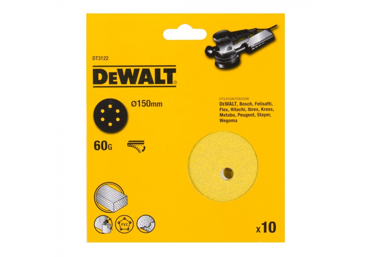 Disque abrasif velcro pour ponceuses excentriques grain 60 - 6 perforations ø 150mm - DT3122-QZ - Dewalt