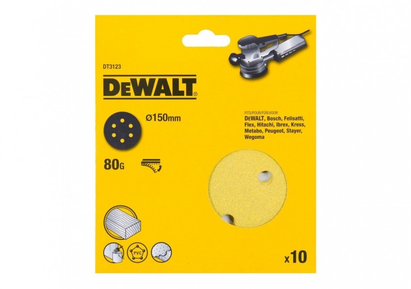 Disque abrasif velcro pour ponceuses excentriques grain 80 - 6 perforations ø 150mm - DT3123-QZ - Dewalt Disque abrasif velcro pour ponceuses excentriques grain 80 - 6 perforations ø 150mm - DT3123-QZ - Dewalt