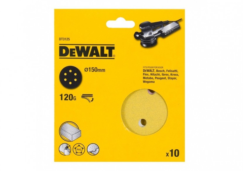 Disque abrasif velcro pour ponceuses excentriques grain 120 - 6 perforations ø 150mm - DT3125-QZ - Dewalt Disque abrasif velcro pour ponceuses excentriques grain 120 - 6 perforations ø 150mm - DT3125-QZ - Dewalt