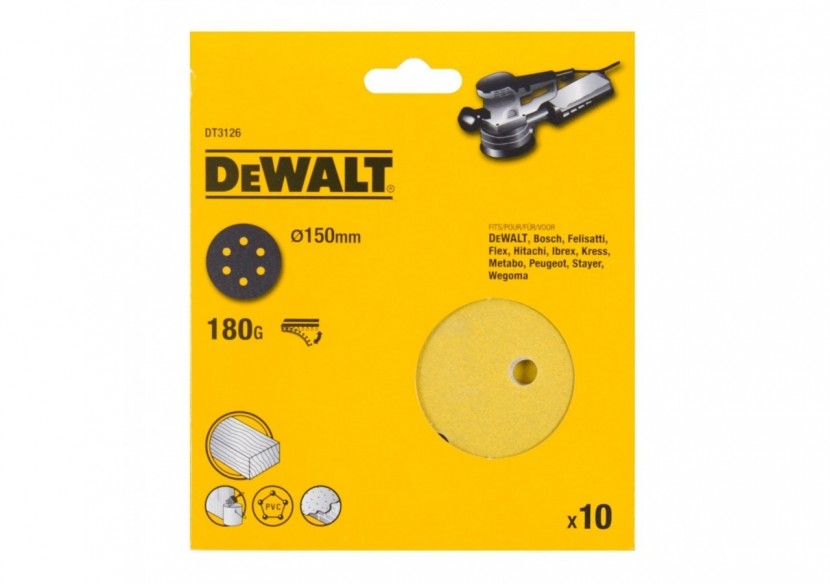 Disque abrasif velcro pour ponceuses excentriques grain 180 - 6 perforations ø 150mm - DT3126-QZ - Dewalt Disque abrasif velcro pour ponceuses excentriques grain 180 - 6 perforations ø 150mm - DT3126-QZ - Dewalt