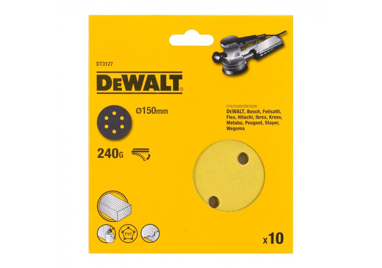 Disque abrasif velcro pour ponceuses excentriques grain 240 - 6 perforations ø 150mm - DT3127-QZ - Dewalt