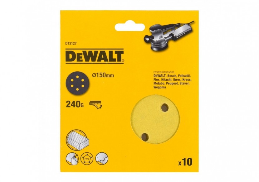 Disque abrasif velcro pour ponceuses excentriques grain 240 - 6 perforations ø 150mm - DT3127-QZ - Dewalt Disque abrasif velcro pour ponceuses excentriques grain 240 - 6 perforations ø 150mm - DT3127-QZ - Dewalt