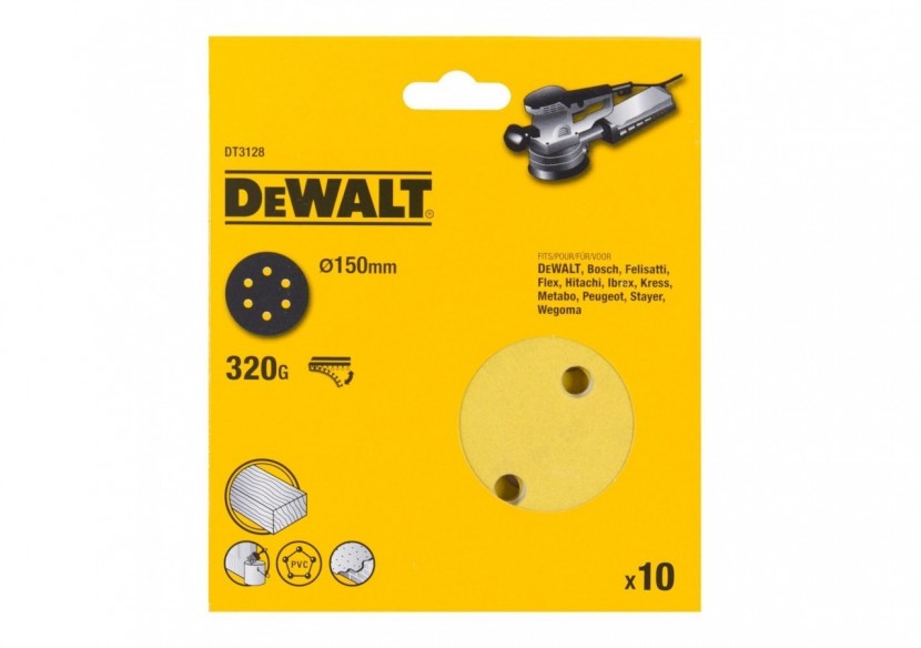 Disque abrasif velcro pour ponceuses excentriques grain 320 - 6 perforations ø 150mm - DT3128-QZ - Dewalt Disque abrasif velcro pour ponceuses excentriques grain 320 - 6 perforations ø 150mm - DT3128-QZ - Dewalt