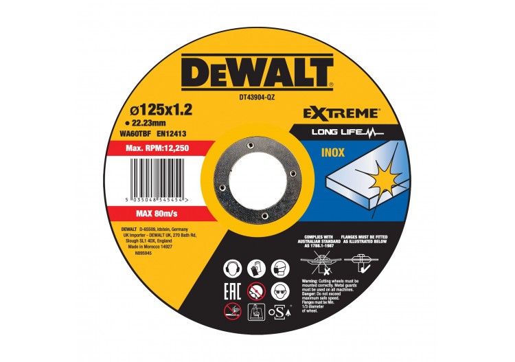 Disque à tronçonner l'inox 125x22,2mm, épaisseur 1.2mm, moyeu plat - DT43904-QZ - Dewalt