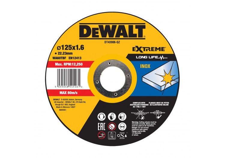 Disque À Tronçonner L'Inox 125X22,2mm, Épaisseur 1.6mm, Moyeu Plat - DT43906-QZ - Dewalt