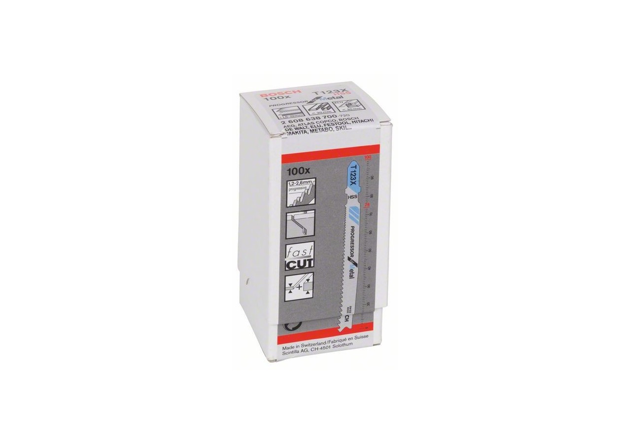 100 Lames scie sauteuse HSS Progressor Métal 100mm  Pas : 1,2-2,6mm T123XF - 2608638700 - Bosch