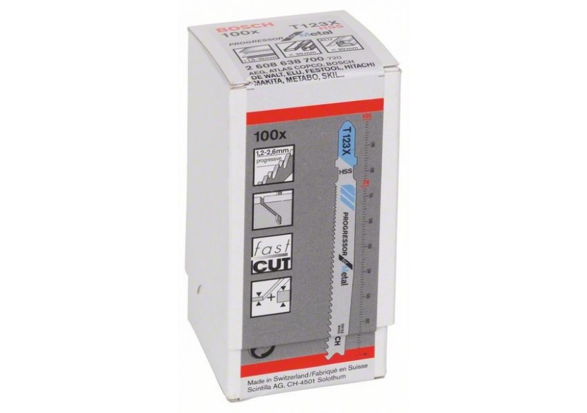 100 Lames scie sauteuse HSS Progressor Métal 100mm  Pas : 1,2-2,6mm T123XF - 2608638700 - Bosch 100 Lames scie sauteuse HSS Progressor Métal 100mm  Pas : 1,2-2,6mm T123XF - 2608638700 - Bosch
