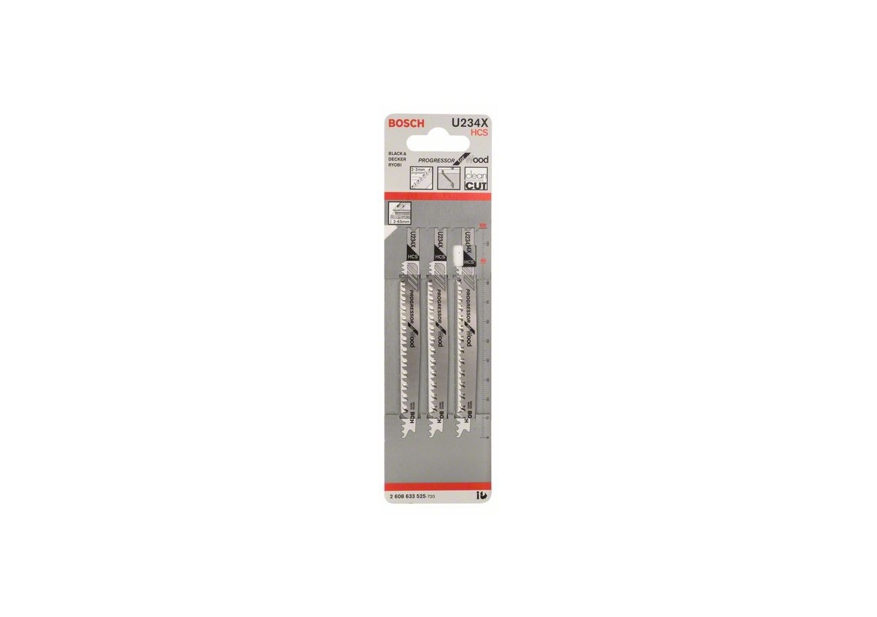 3 Lames scie sauteuse HCS Progressor Bois 108mm  Pas : 2-3mm U234X - 2608633525 - Bosch