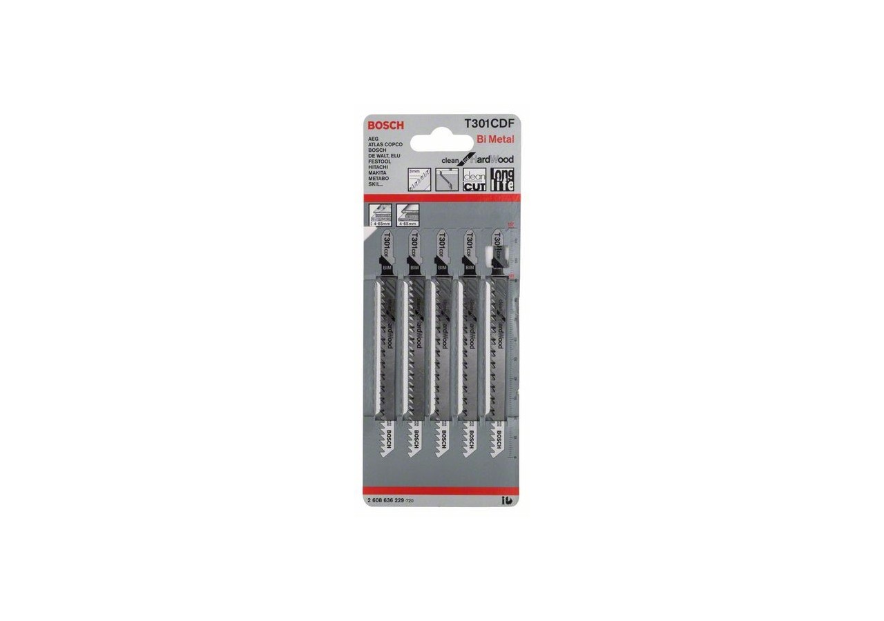 5 Lames scie sauteuse BIM Clean Bois dur 117mm  Pas : 3mm T301CDF - 2608636229 - Bosch