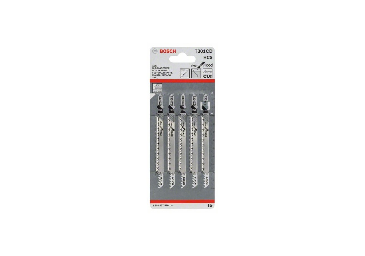 5 Lames scie sauteuse HCS Clean Bois 117mm  Pas : 3mm T301CD - 2608637590 - Bosch