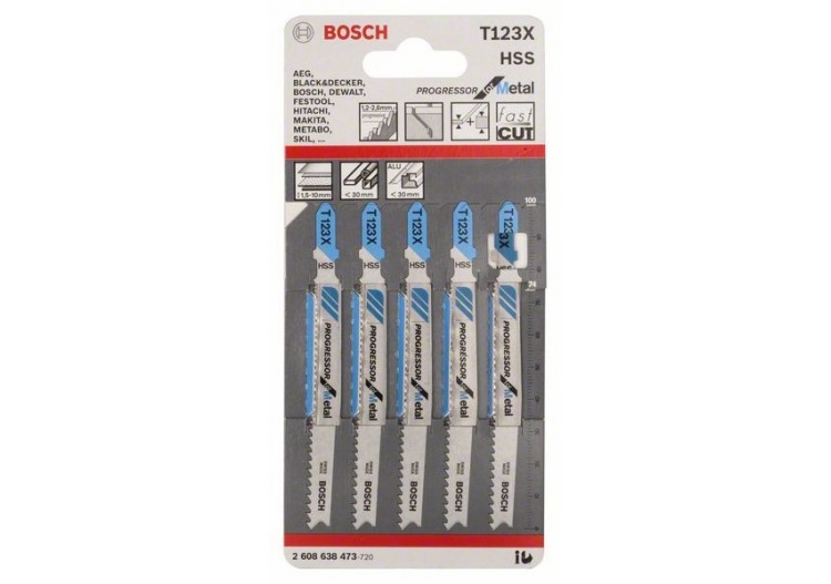 5 Lames scie sauteuse HSS Progressor Métal 100mm  Pas : 1,2-2,6mm T123XF - 2608638473 - Bosch