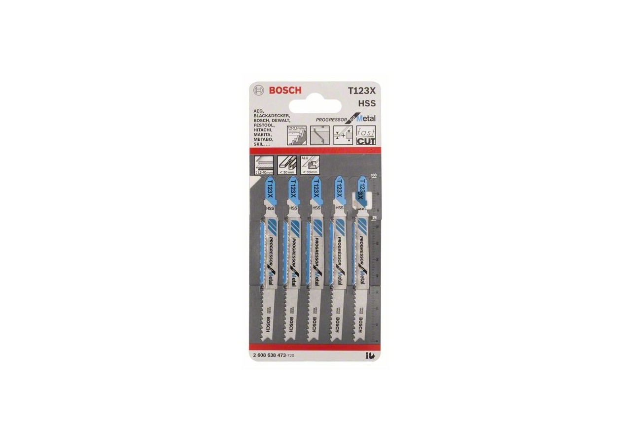 5 Lames scie sauteuse HSS Progressor Métal 100mm  Pas : 1,2-2,6mm T123XF - 2608638473 - Bosch