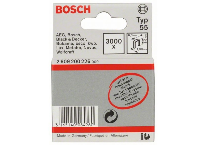 Agrafe à dos étroit type 55 résinée 6 x 1,08 x 19 mm - 2609200226 - Bosch Agrafe à dos étroit type 55 résinée 6 x 1,08 x 19 mm - 2609200226 - Bosch
