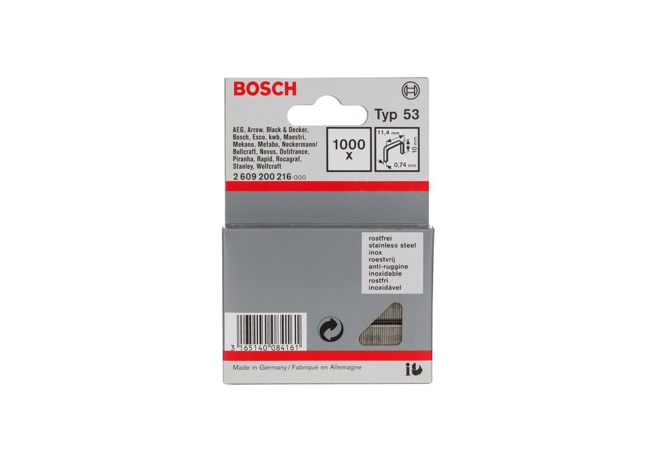 1000 Agrafes à fil fin de type 53 en acier inoxydable 10 mm - 2609200216 - Bosch