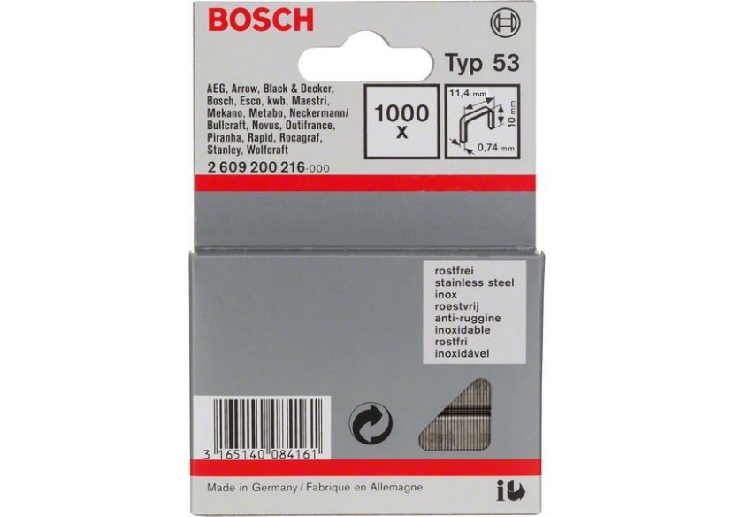1000 Agrafes à fil fin de type 53 en acier inoxydable 10 mm - 2609200216 - Bosch