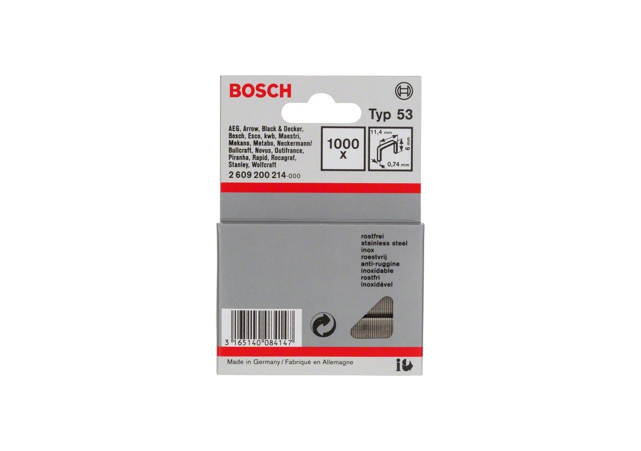 1000 Agrafes à fil fin de type 53 en acier inoxydable 6 mm - 2609200214 - Bosch